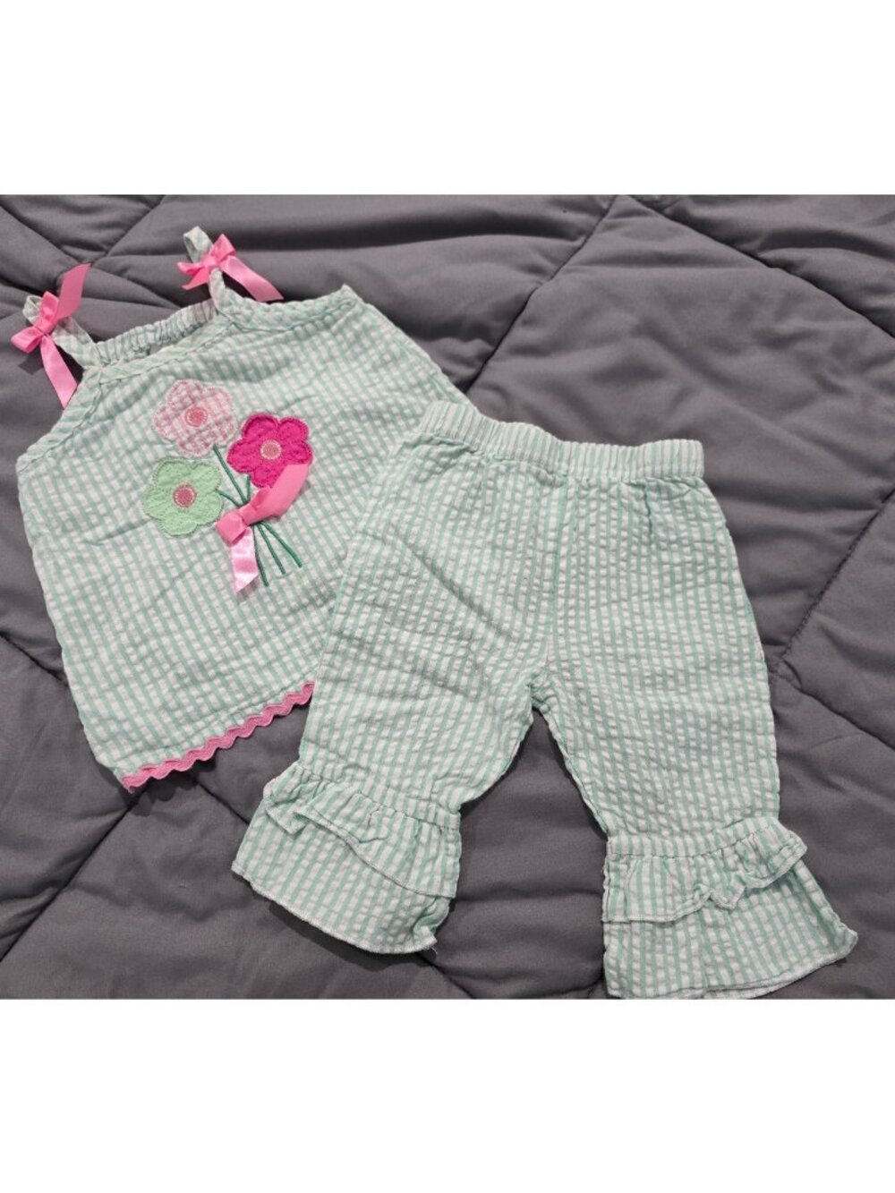 Nursery Rhyme Baby Girls Mint Green Seersucker Floral 2 Piece Outfit Size 3-6M